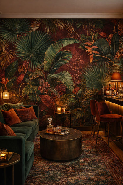 Jewel-toned Maximalist tropical foliage featuring orchid blossoms - Wall Mural Peel and Stick Wallpaper for Maximalist Bar/Lounge.