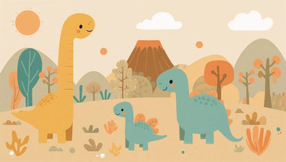 Playful Whimsical Beige dinosaurs featuring a volcano and clouds - Wall Mural & Peel and Stick Wallpaper for Whimsical Nursery or Kids Room.