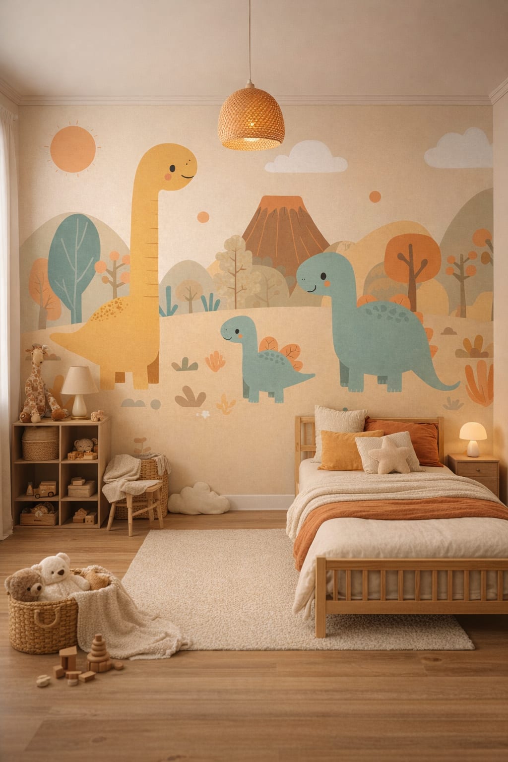 Scandi Kids birch-neutral dinosaurs featuring volcano - Wall Mural Peel and Stick Wallpaper for Scandi Kids Kids Bedroom.
