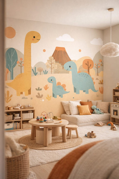 Modern Montessori, neutral-primary dinosaurs featuring volcano - Wall Mural Peel and Stick Wallpaper for Modern Montessori Playroom.