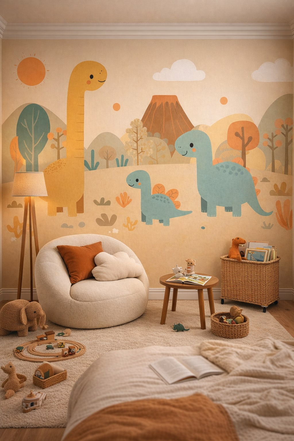 Teal walnut Mid-century Kids dinosaurs featuring a volcano - Wall Mural Peel and Stick Wallpaper for Mid-century Kids Reading Corner.