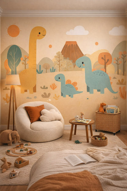 Teal walnut Mid-century Kids dinosaurs featuring a volcano - Wall Mural Peel and Stick Wallpaper for Mid-century Kids Reading Corner.
