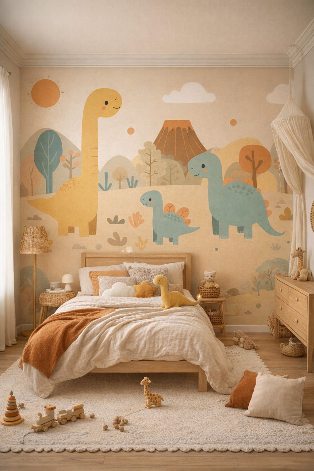 Whimsical Boho terracotta dinosaurs featuring a volcano - Wall Mural Peel and Stick Wallpaper for Whimsical Boho Kids Bedroom.