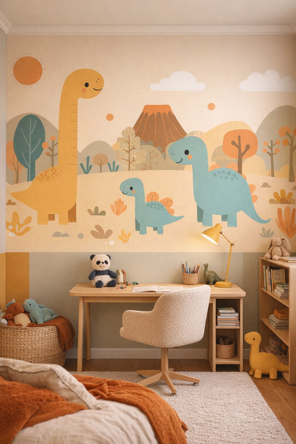 Color Blocking high-contrast dinosaurs featuring volcano - Wall Mural Peel and Stick Wallpaper for Color Blocking Homework / Study Corner.