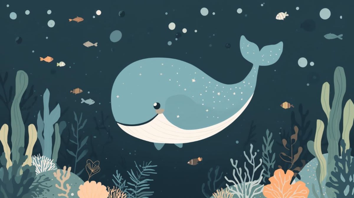 Whimsical calming Deep Navy whale featuring tropical fish and underwater bubbles - Wall Mural & Peel and Stick Wallpaper for Whimsical Nursery or Kids Room.