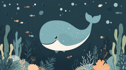 Whimsical calming Deep Navy whale featuring tropical fish and underwater bubbles - Wall Mural & Peel and Stick Wallpaper for Whimsical Nursery or Kids Room.