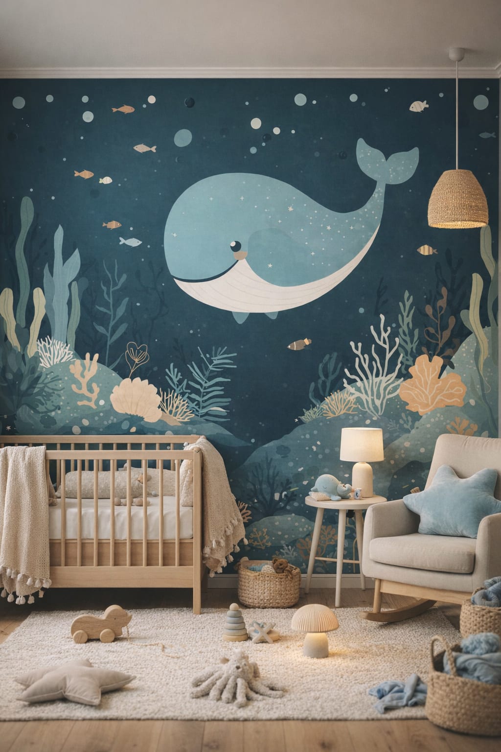Scandi Kids white-gray whale featuring tropical fish - Wall Mural Peel and Stick Wallpaper for Scandi Kids Nursery.