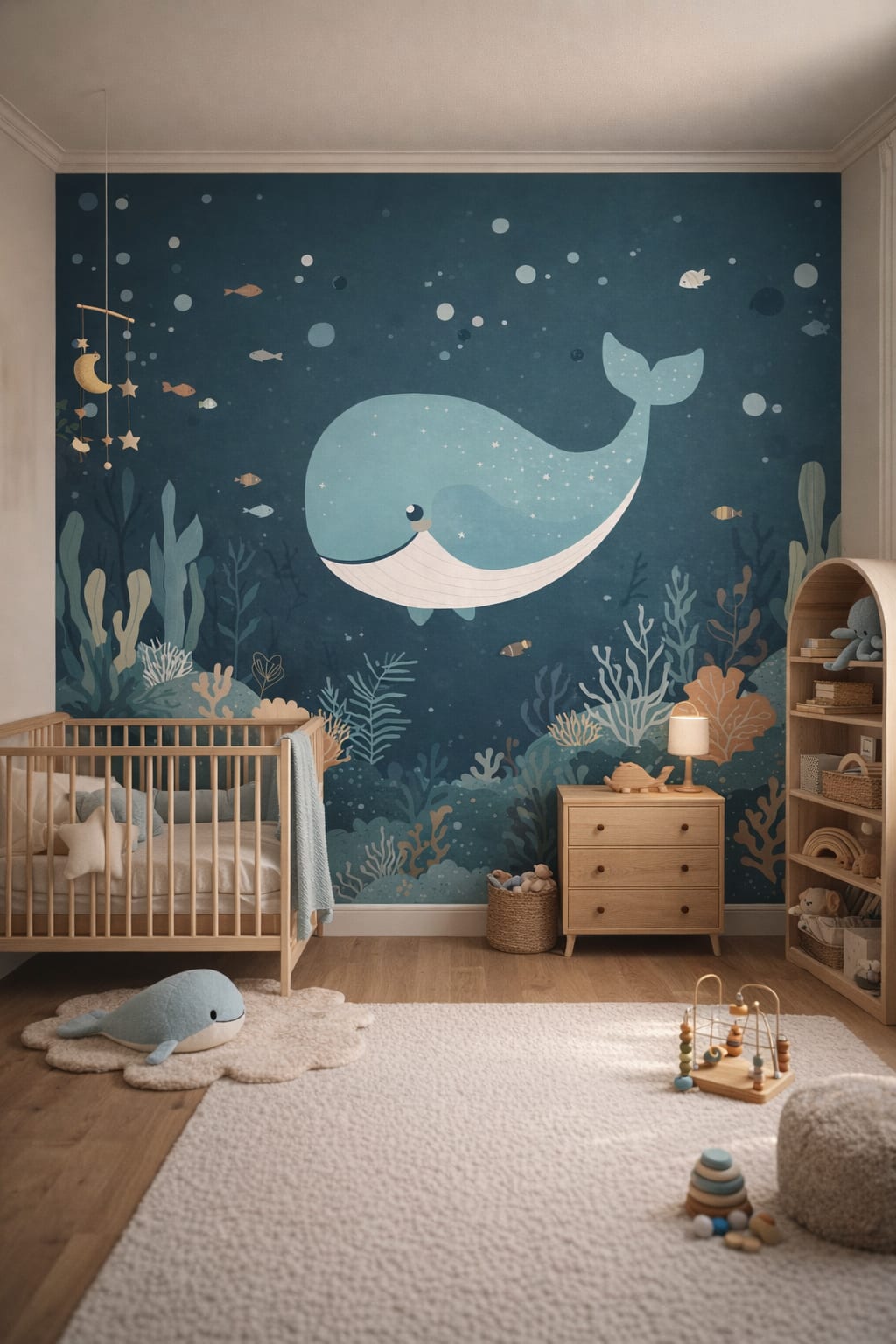 Modern Montessori, neutral-primary whale featuring tropical fish - Wall Mural Peel and Stick Wallpaper for Modern Montessori Nursery.