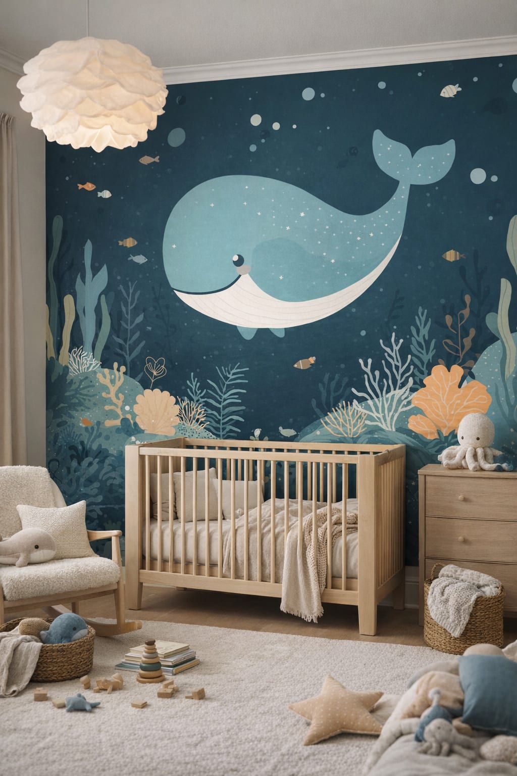 Coastal Kids sky blue whale featuring underwater bubbles - Wall Mural Peel and Stick Wallpaper for Coastal Kids Nursery.