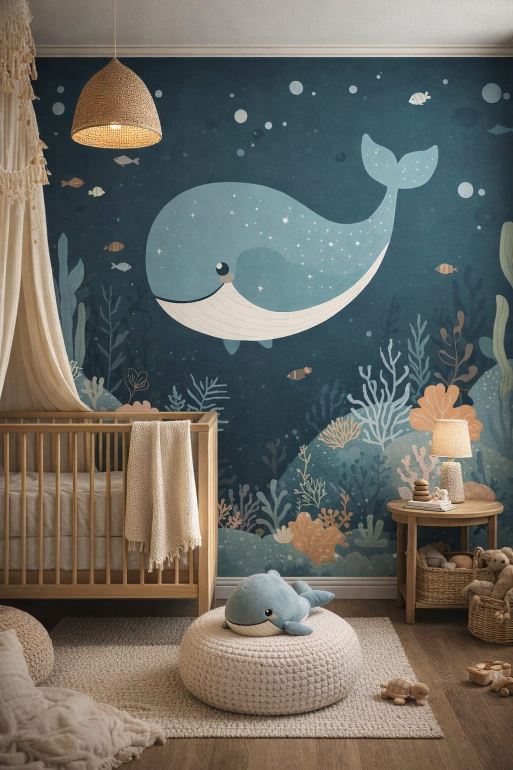 Whimsical Boho, terracotta-sage whale featuring tropical fish - Wall Mural Peel and Stick Wallpaper for Whimsical Boho Nursery.