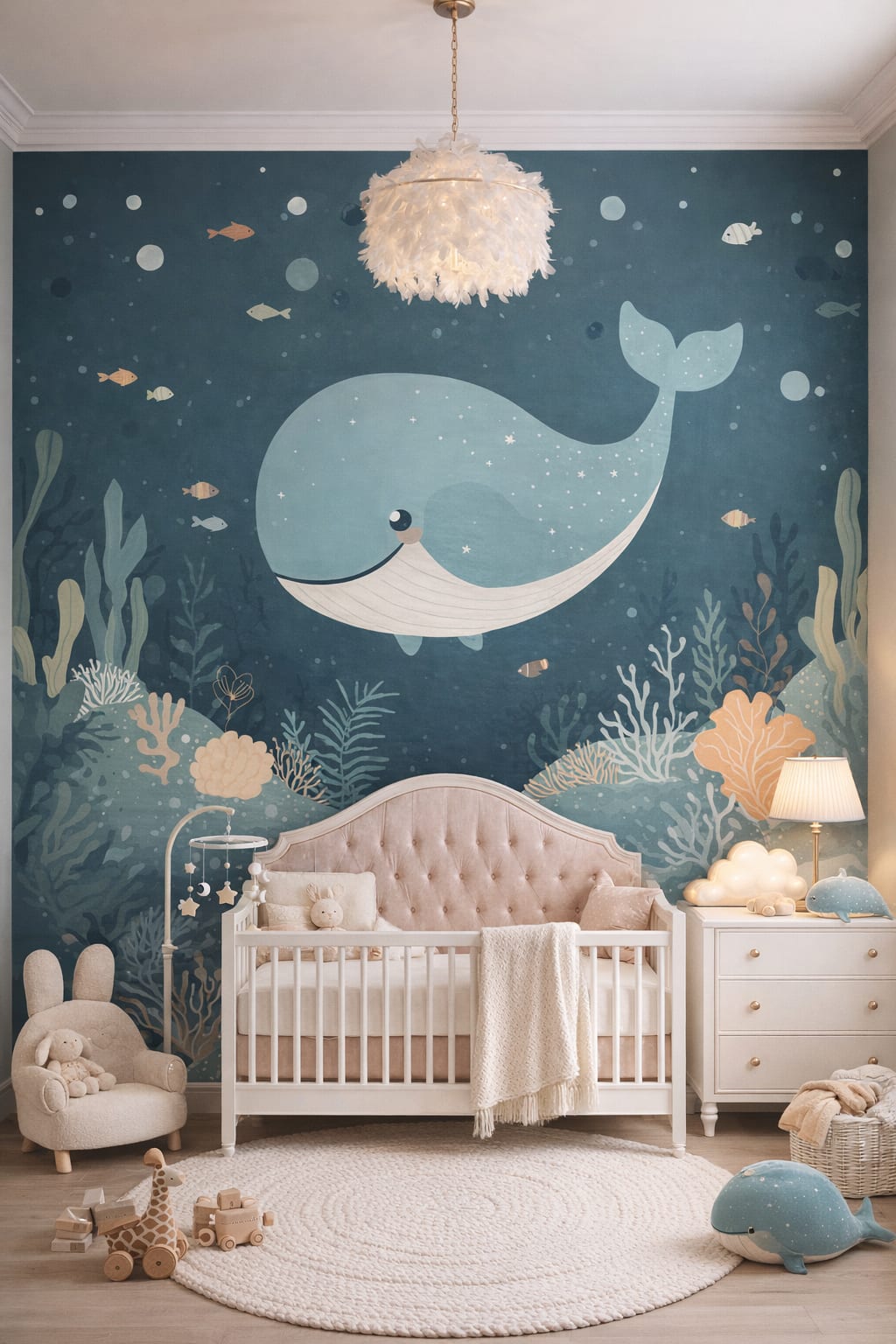 Pastel glam, blush-gold whale featuring seaweed - Wall Mural Peel and Stick Wallpaper for Pastel Glam Nursery Nursery.