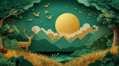 Layered serene Emerald Green paper cut landscape featuring a stag and sun - Wall Mural & Peel and Stick Wallpaper for Papercraft Interiors and Premium Home Styling.