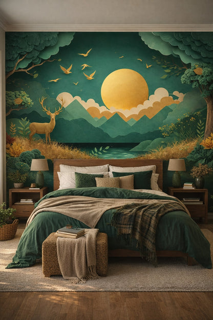 Moss green woodland paper cut landscape featuring a stag - Wall Mural Peel and Stick Wallpaper for Woodland / Forest Master Bedroom.