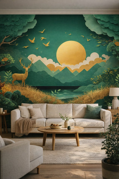 Japandi-inspired, sand-toned paper-cut landscape featuring birds - Wall Mural Peel and Stick Wallpaper for Japandi Living Room.