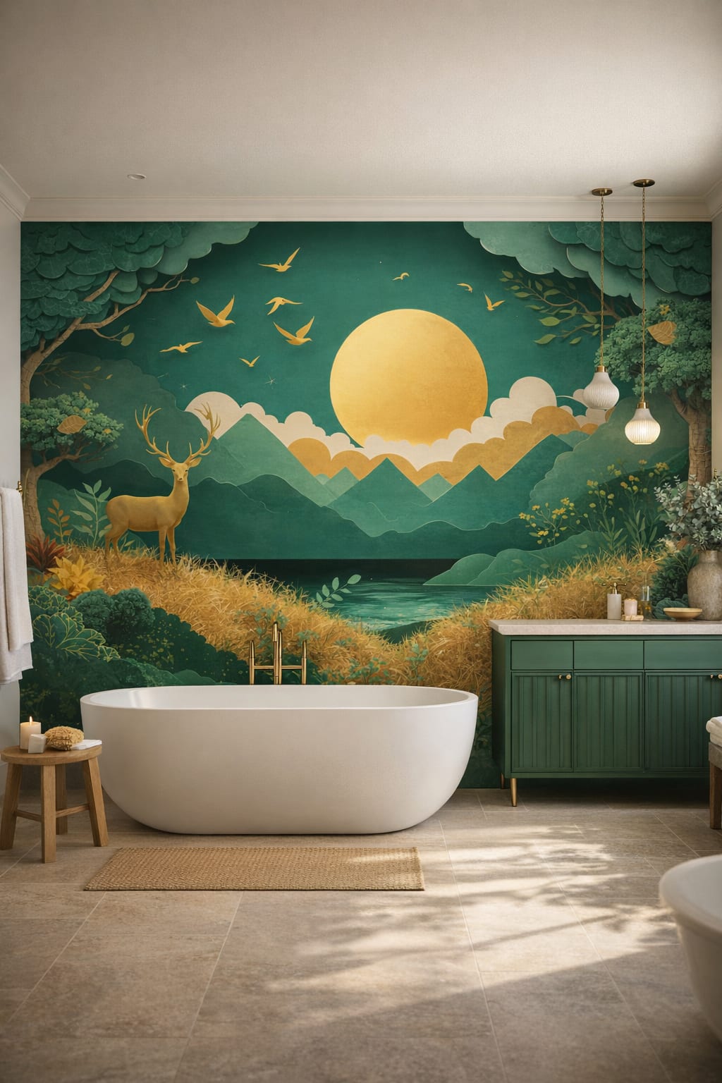 Organic Modern olive-toned paper cut landscape featuring birds - Wall Mural Peel and Stick Wallpaper for Organic Modern Luxury Bathroom.