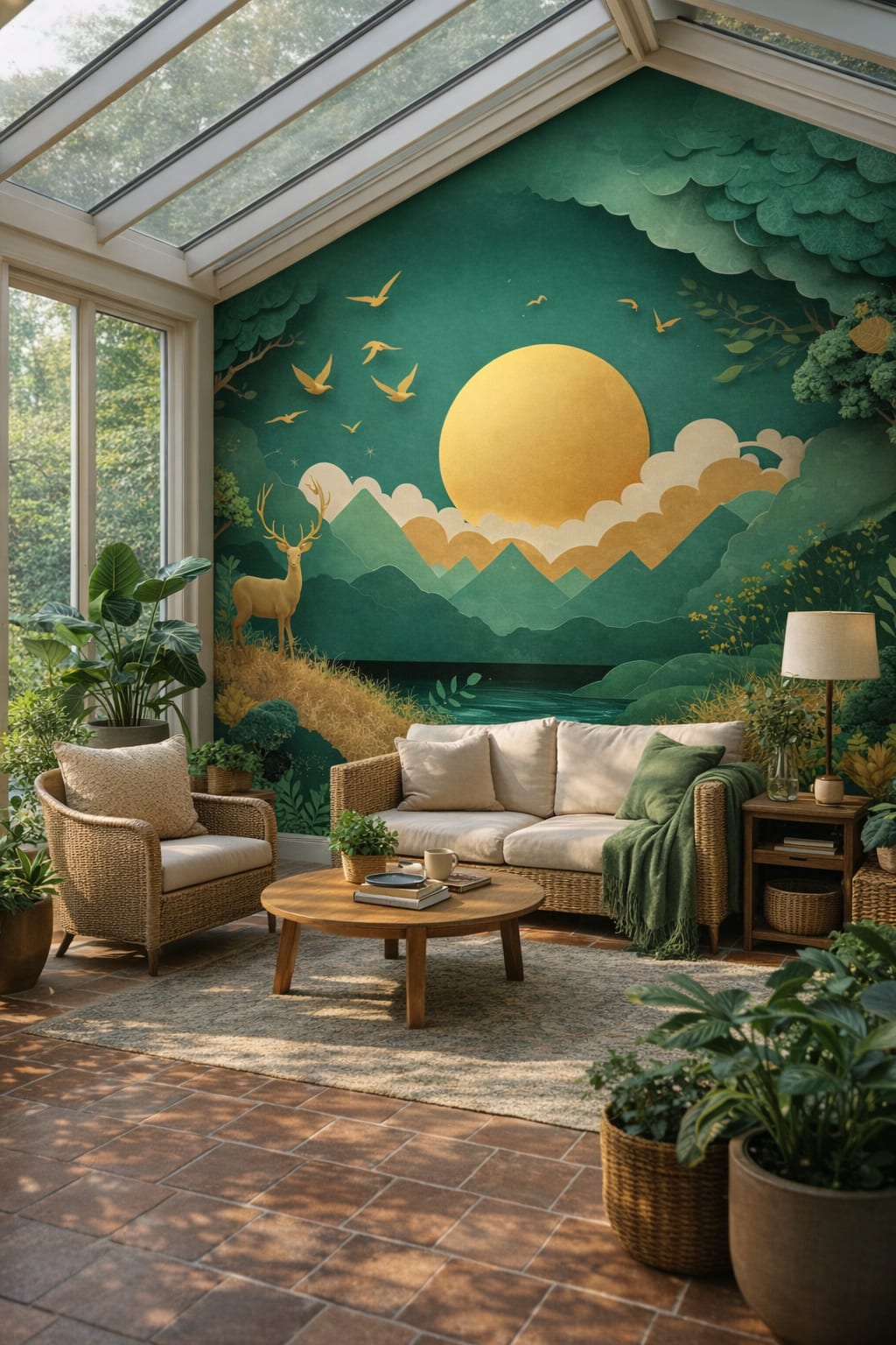 Green biophilic, neutral modern paper-cut landscape featuring birds - Wall Mural Peel and Stick Wallpaper for Biophilic Design Sunroom / Conservatory.