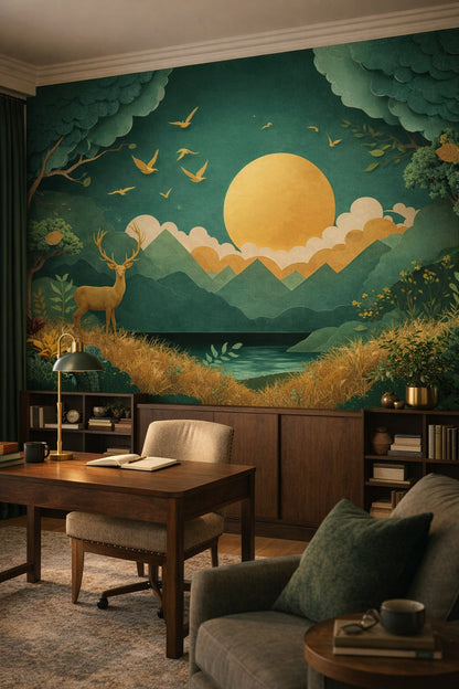 Quiet Luxury greige, soft charcoal paper-cut landscape featuring birds - Wall Mural Peel and Stick Wallpaper for Quiet Luxury Executive Home Office.
