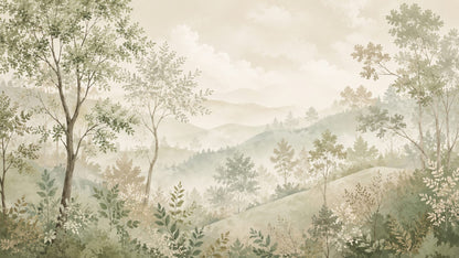 Soft atmospheric Sage Green misty forest featuring rolling hills and cloudy sky - Wall Mural & Peel and Stick Wallpaper for Watercolor Interiors and Premium Home Styling