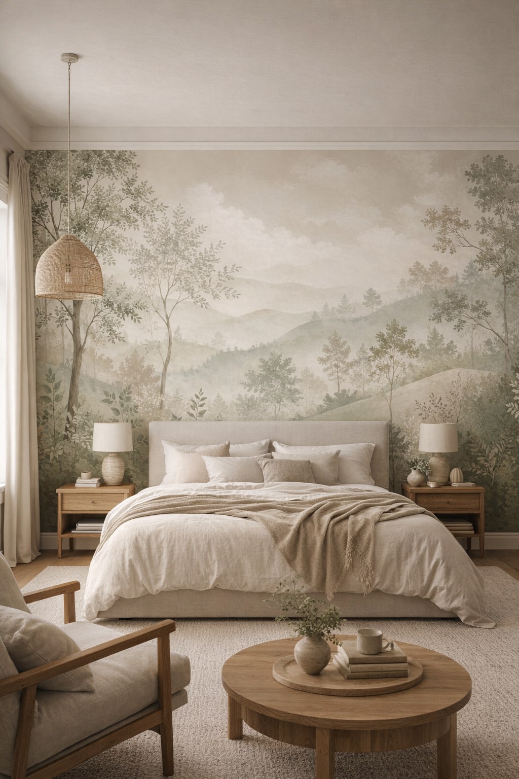Japandi sand-toned misty forest featuring rolling hills - Wall Mural Peel and Stick Wallpaper for Japandi Master Bedroom.