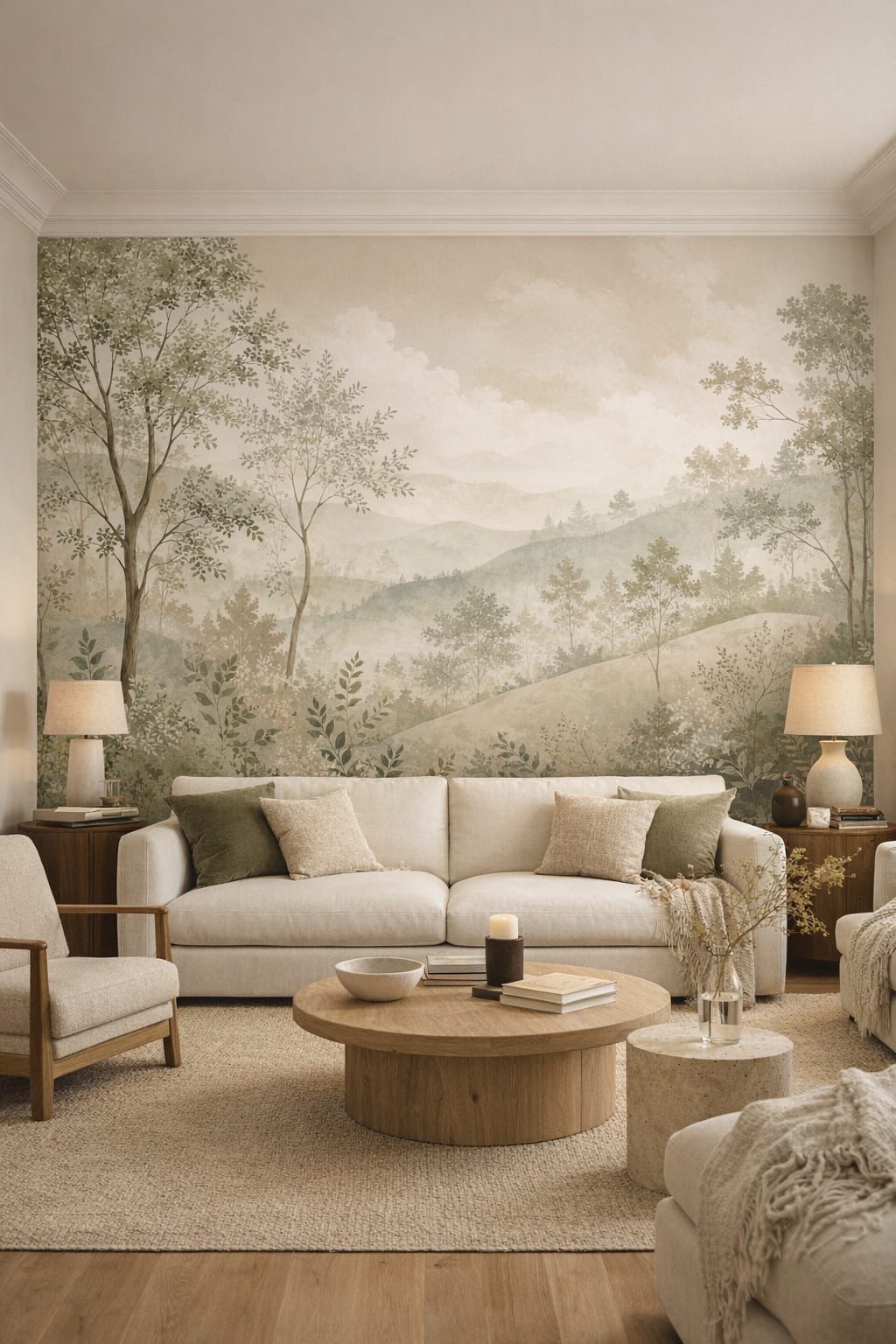 Organic cream misty forest featuring rolling hills - Wall Mural Peel and Stick Wallpaper for Organic Modern Living Room.