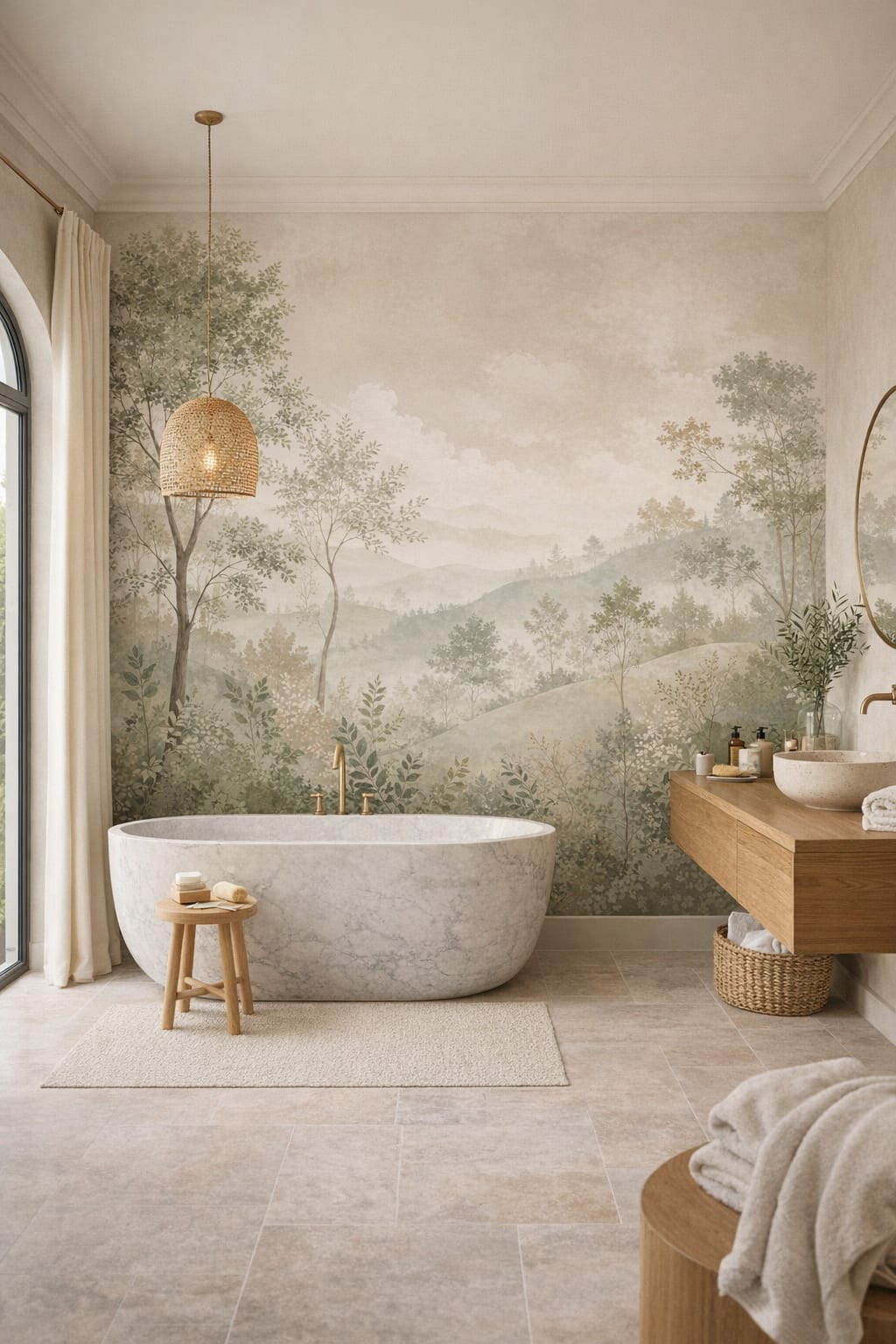 Mediterranean sand-toned misty forest featuring rolling hills - Wall Mural Peel and Stick Wallpaper for Mediterranean Modern Luxury Bathroom.