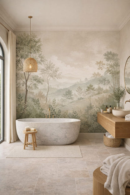 Mediterranean sand-toned misty forest featuring rolling hills - Wall Mural Peel and Stick Wallpaper for Mediterranean Modern Luxury Bathroom.