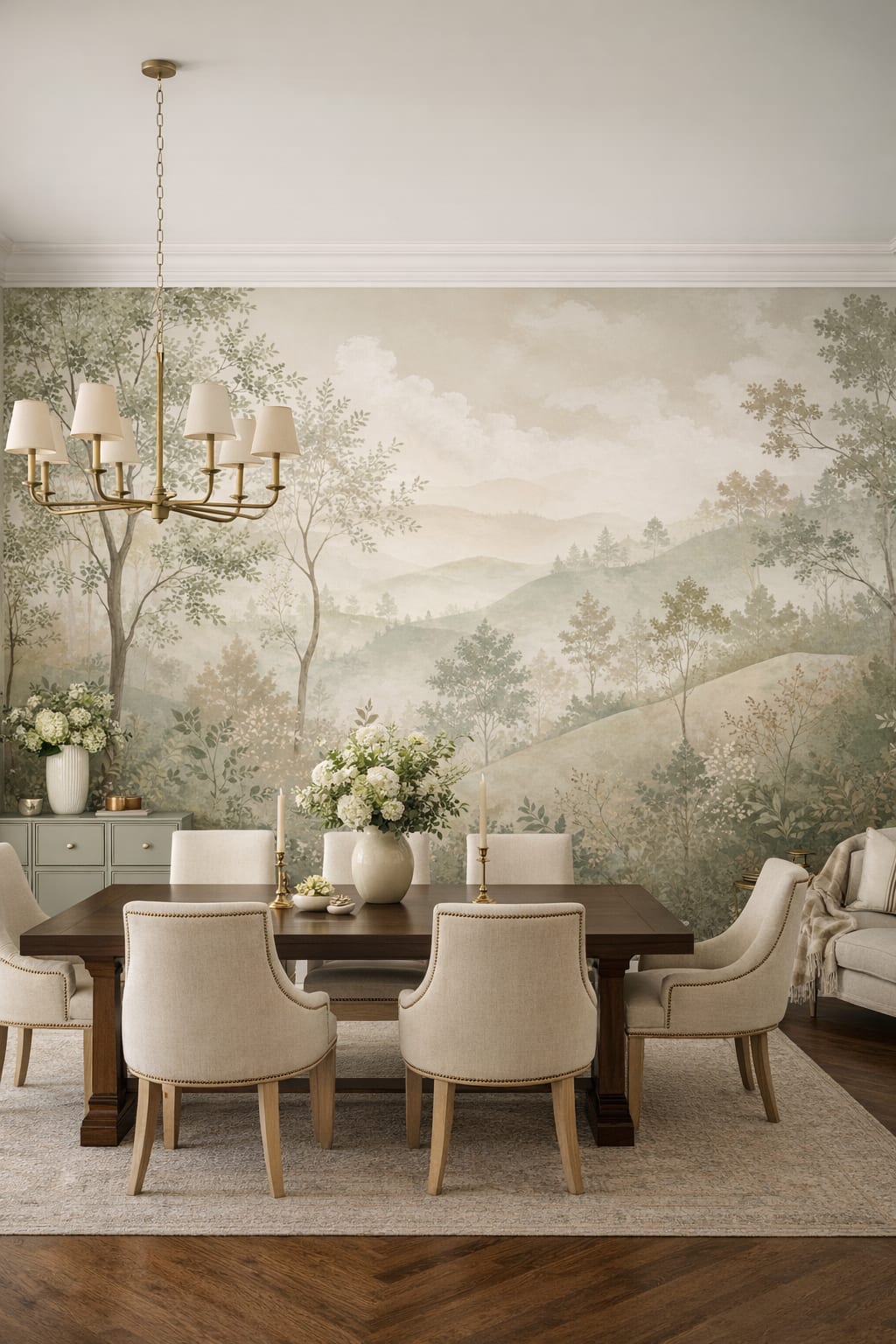 Modern Classic cream-toned misty forest featuring rolling hills - Wall Mural Peel and Stick Wallpaper for Modern Classic Formal Dining Room.