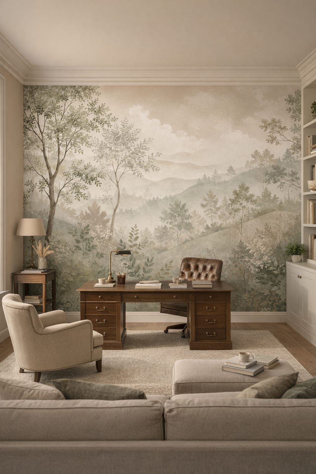 Scholarly cream misty forest featuring rolling hills - Wall Mural Peel and Stick Wallpaper for Light Academia Executive Home Office.