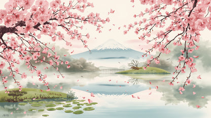 Serene Painterly Blush Pink Cherry Blossoms featuring mountain landscape, lake reflection, and lily pads - Wall Mural & Peel and Stick Wallpaper for Painterly Interiors and Premium Home Styling