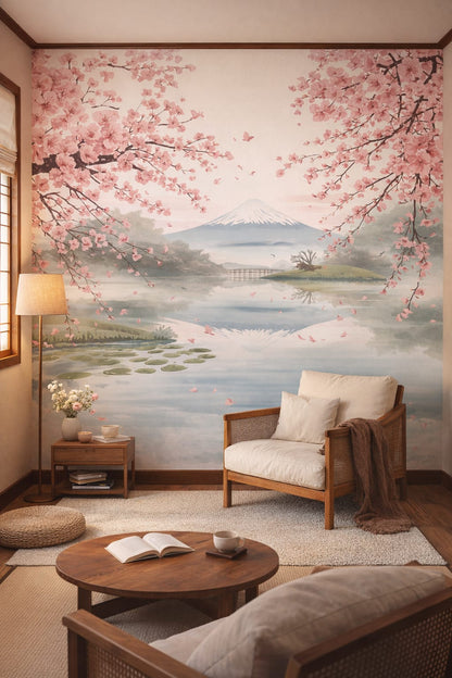 Japanese Neutral cherry blossoms featuring mountain landscape - Wall Mural Peel and Stick Wallpaper for Traditional Japanese Reading Corner.