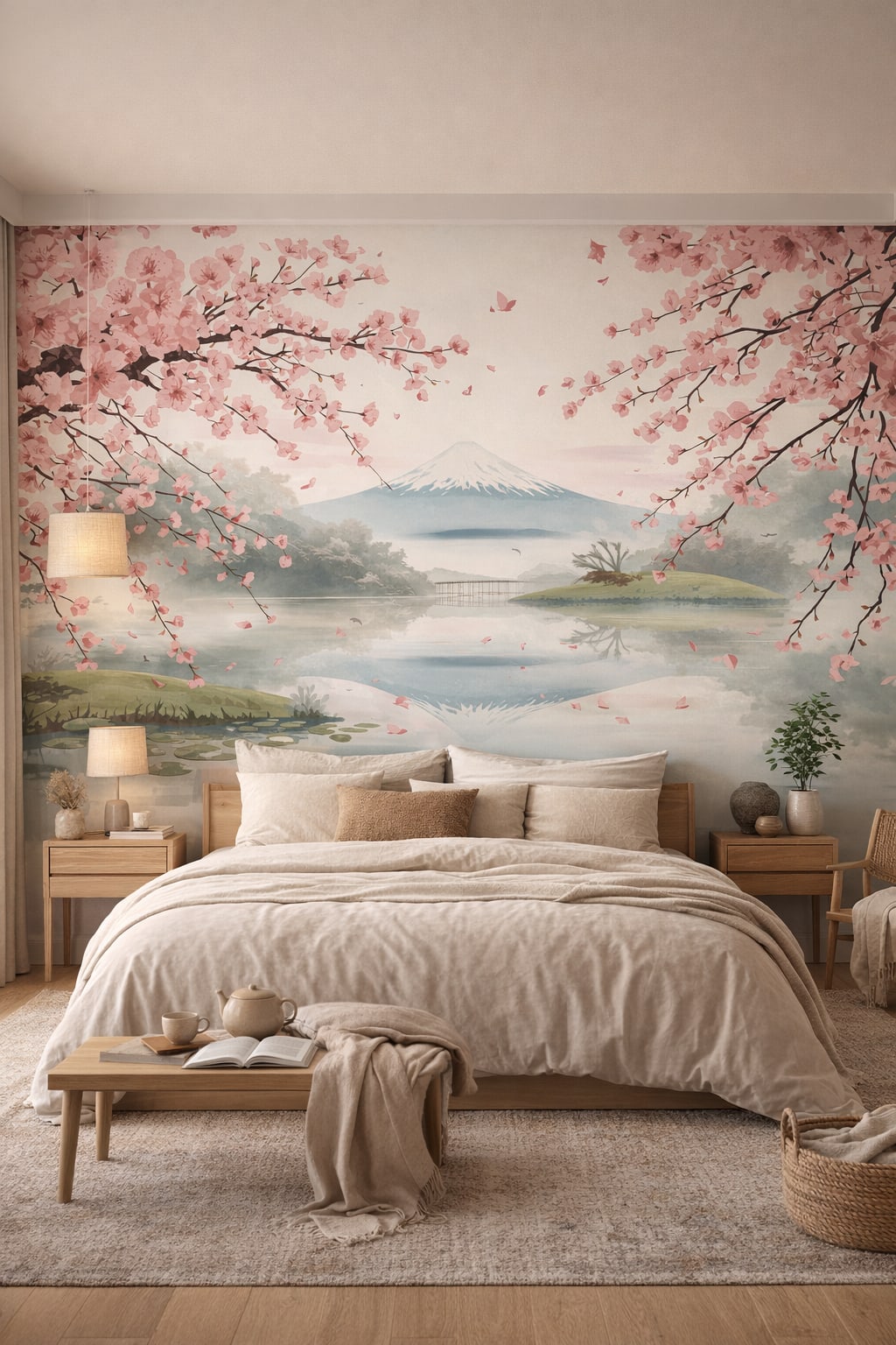 Japandi sand-toned cherry blossoms featuring mountain landscape - Wall Mural Peel and Stick Wallpaper for Japandi Master Bedroom.