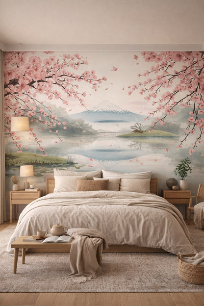 Japandi sand-toned cherry blossoms featuring mountain landscape - Wall Mural Peel and Stick Wallpaper for Japandi Master Bedroom.
