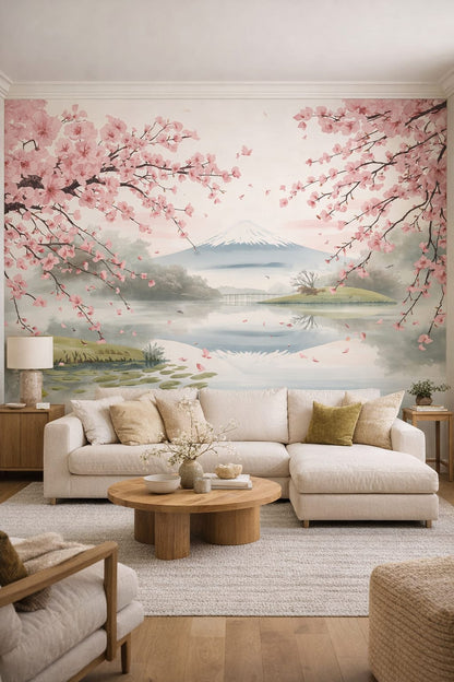 Cream Organic Modern cherry blossoms featuring lake reflection - Wall Mural Peel and Stick Wallpaper for Organic Modern Living Room.