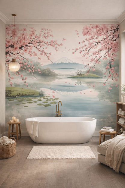 Quiet Luxury greige cherry blossoms featuring mountain landscape - Wall Mural Peel and Stick Wallpaper for Quiet Luxury Luxury Bathroom