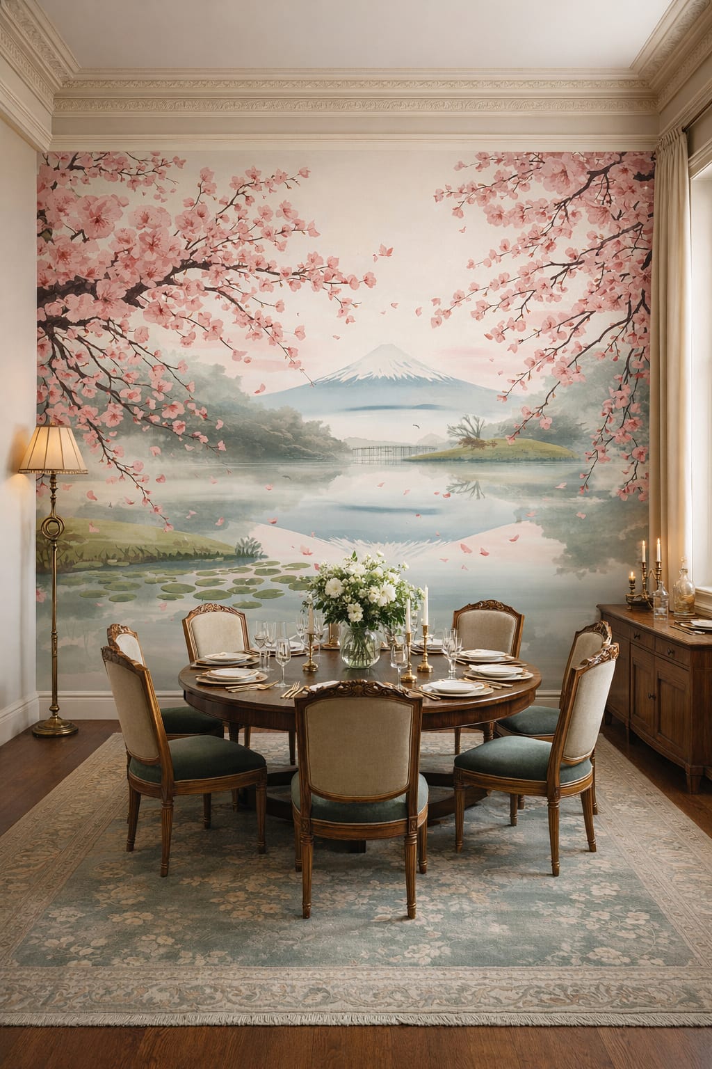Art Nouveau cream-toned cherry blossoms featuring lake reflection - Wall Mural Peel and Stick Wallpaper for Art Nouveau Formal Dining Room.