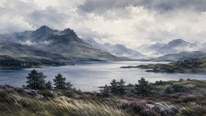 Atmospheric painterly Slate Blue mountain lake featuring pine trees and misty mountains - Wall Mural & Peel and Stick Wallpaper for Painterly Interiors and Premium Home Styling