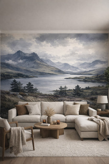 Organic Modern cream mountain lake featuring pine trees - Wall Mural Peel and Stick Wallpaper for Organic Modern Living Room.