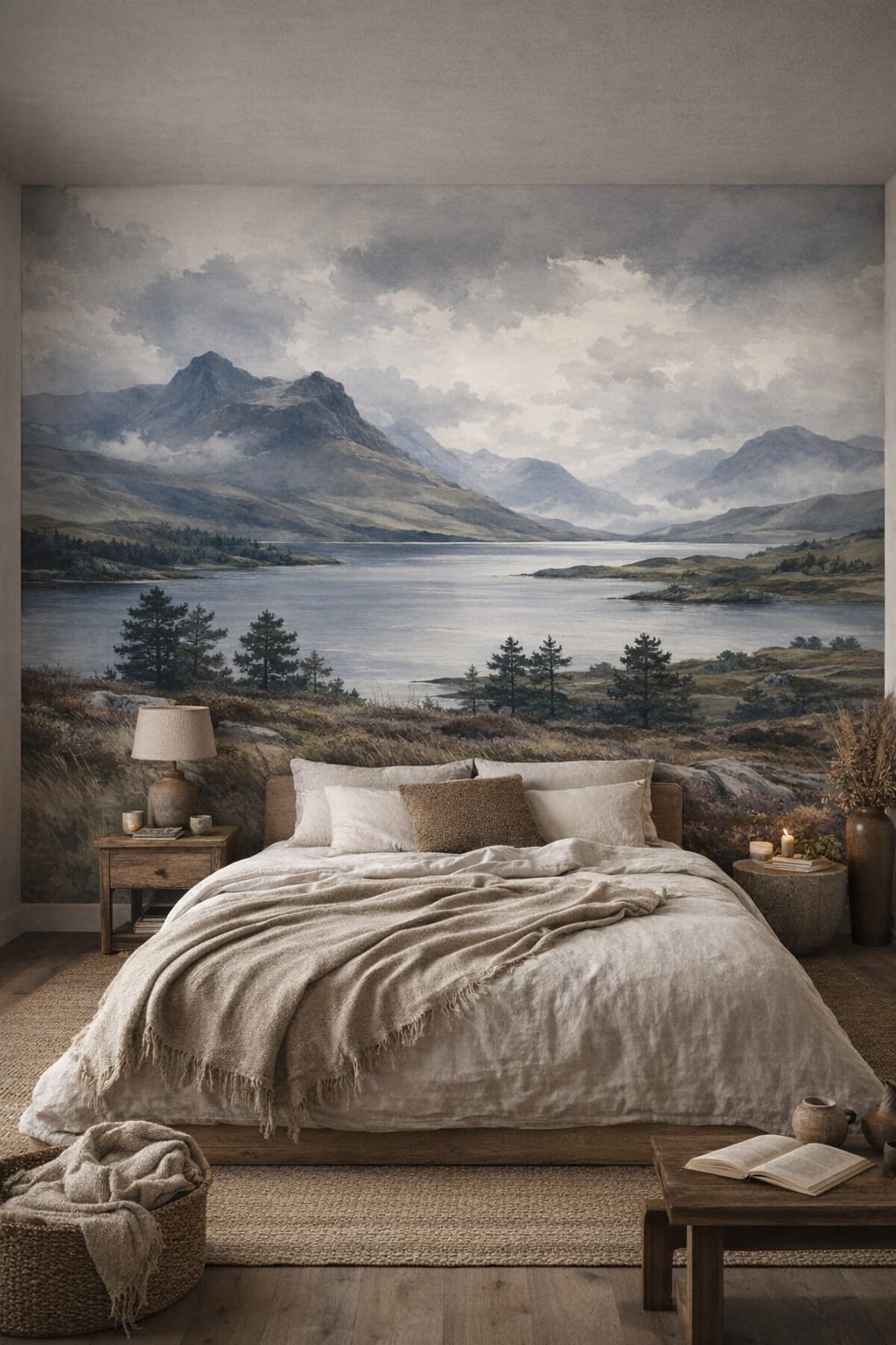 Wabi-sabi muted-earth-tone mountain lake featuring pine trees - Wall Mural Peel and Stick Wallpaper for Wabi-sabi Master Bedroom.