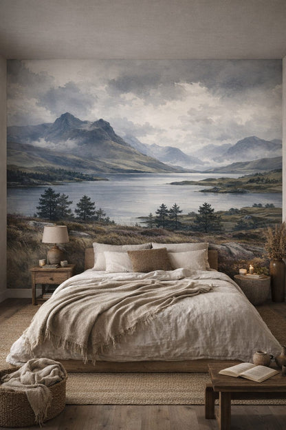 Wabi-sabi muted-earth-tone mountain lake featuring pine trees - Wall Mural Peel and Stick Wallpaper for Wabi-sabi Master Bedroom.