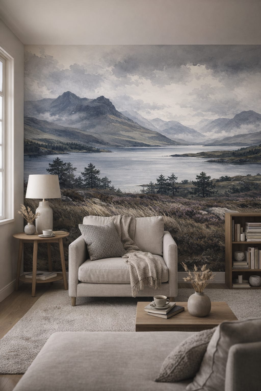 Scandinavian white-gray mountain lake featuring pine trees - Wall Mural Peel and Stick Wallpaper for Scandinavian Reading Corner.