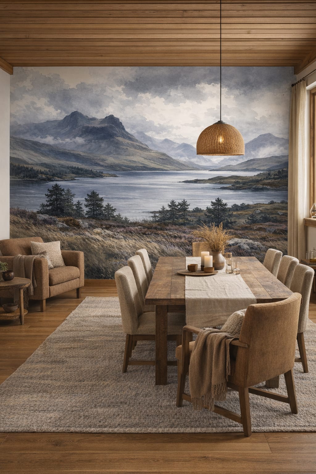 Rustic Modern, sand-toned mountain lake featuring pine trees - Wall Mural Peel and Stick Wallpaper for Rustic Modern Mountain Retreat Dining Room.