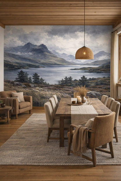 Rustic Modern, sand-toned mountain lake featuring pine trees - Wall Mural Peel and Stick Wallpaper for Rustic Modern Mountain Retreat Dining Room.