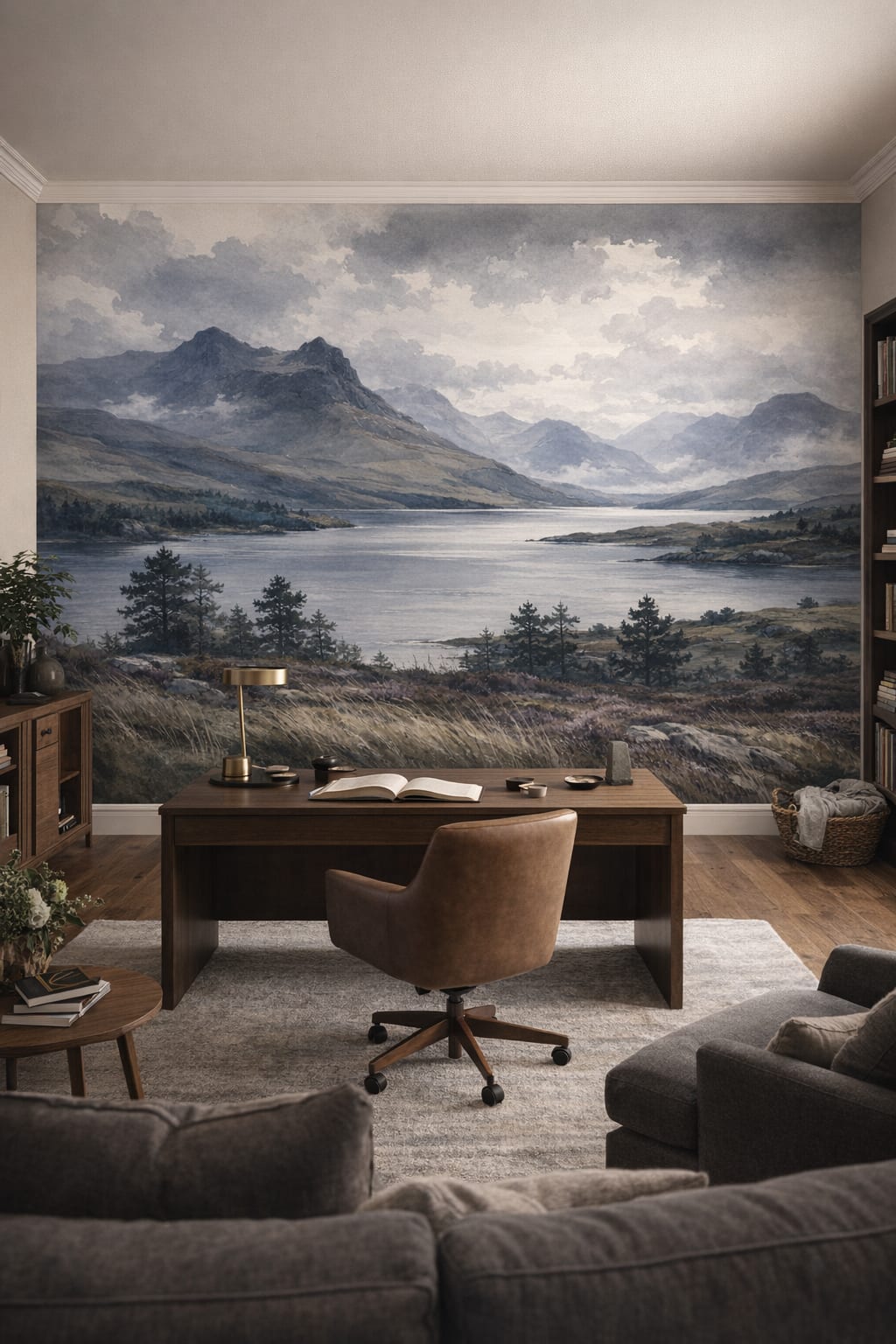 Biophilic green mountain lake featuring pine trees - Wall Mural Peel and Stick Wallpaper for Biophilic Design Executive Home Office.