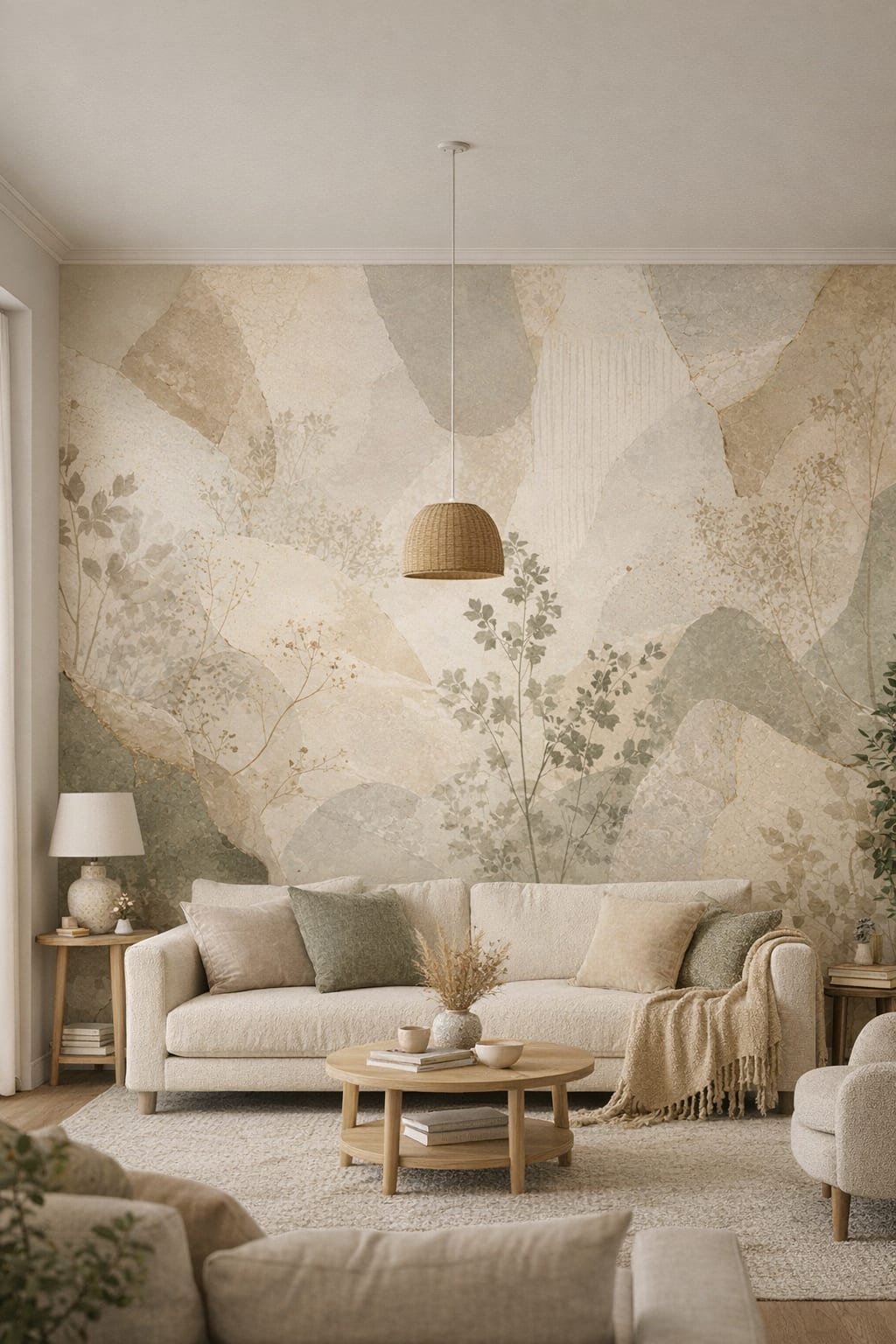 Cream sand abstract botanical featuring botanical sprigs - Wall Mural Peel and Stick Wallpaper for Organic Modern Living Room.