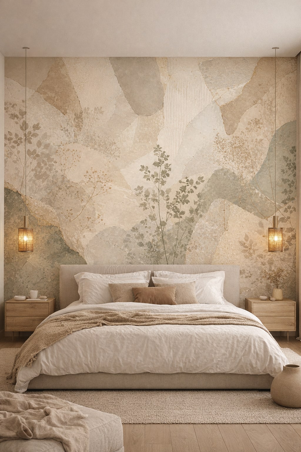 Sand Japandi abstract botanical featuring botanical sprigs - Wall Mural Peel and Stick Wallpaper for Japandi Master Bedroom.