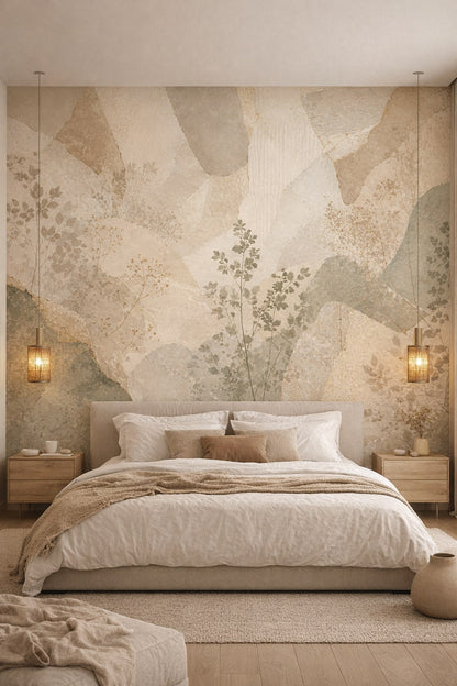 Sand Japandi abstract botanical featuring botanical sprigs - Wall Mural Peel and Stick Wallpaper for Japandi Master Bedroom.