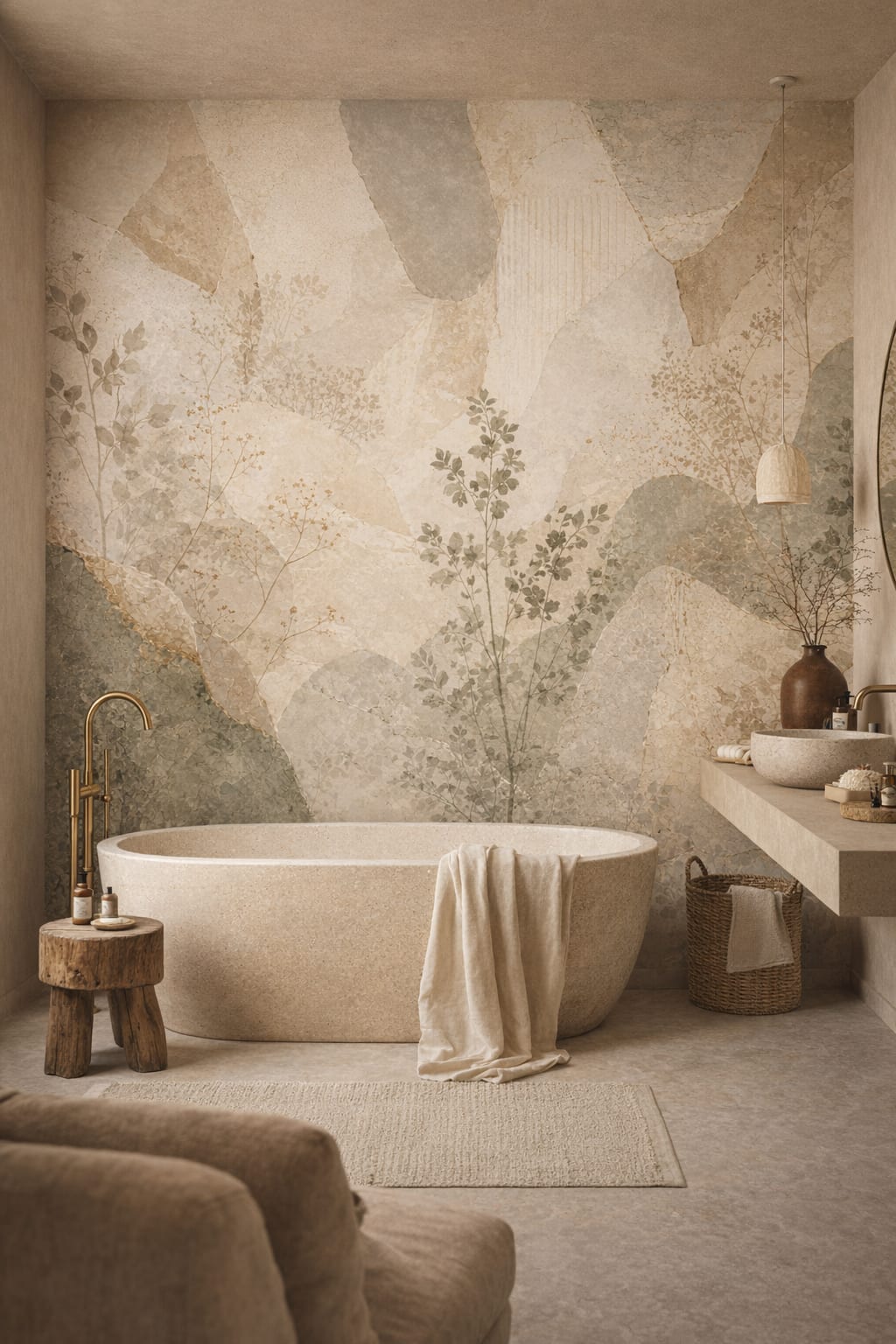 Muted earth-tone Wabi-sabi abstract botanical featuring botanical sprigs - Wall Mural Peel and Stick Wallpaper for Wabi-sabi Luxury Bathroom.