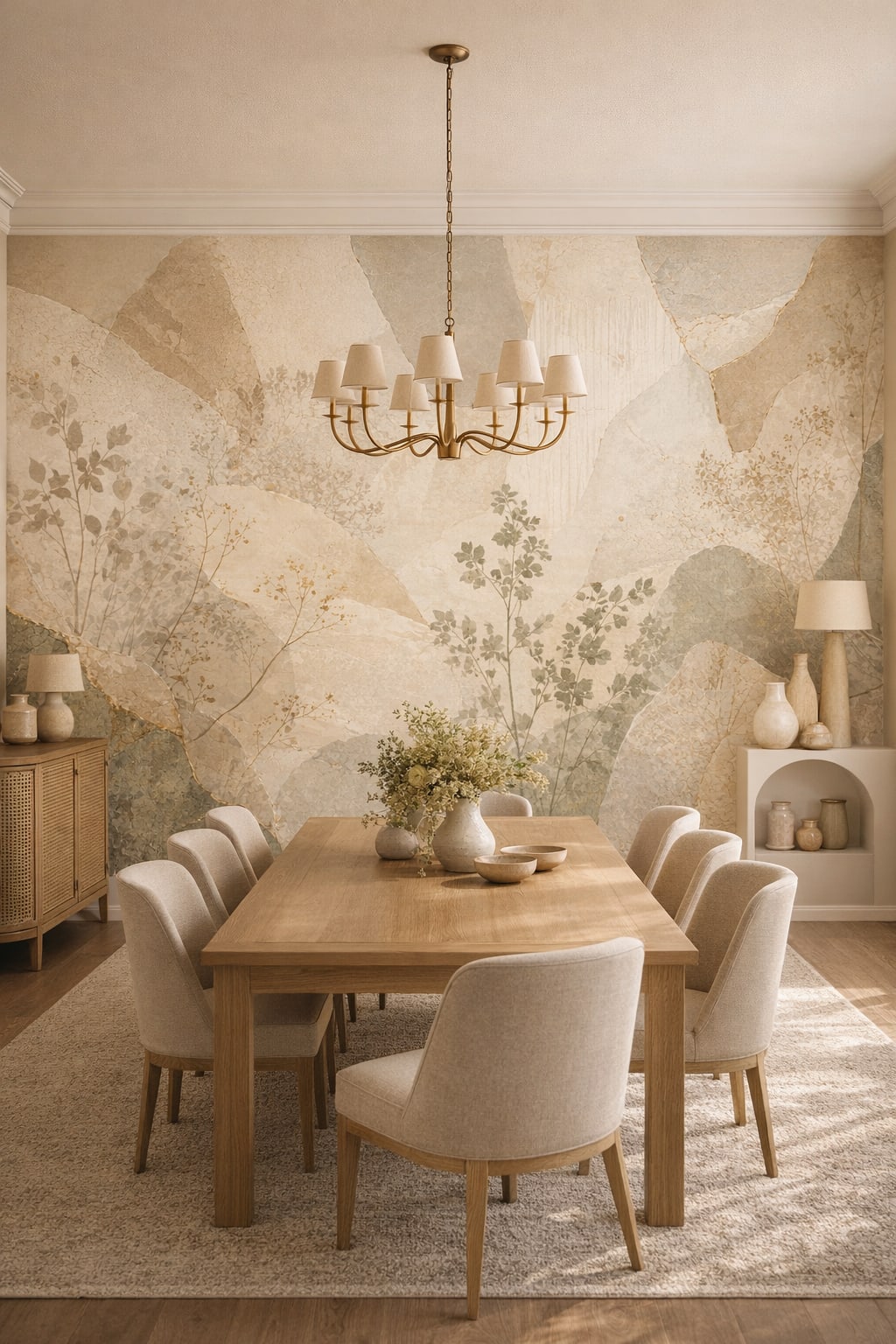 Modern Sand abstract botanical featuring botanical sprigs - Wall Mural Peel and Stick Wallpaper for Mediterranean Modern Formal Dining Room.