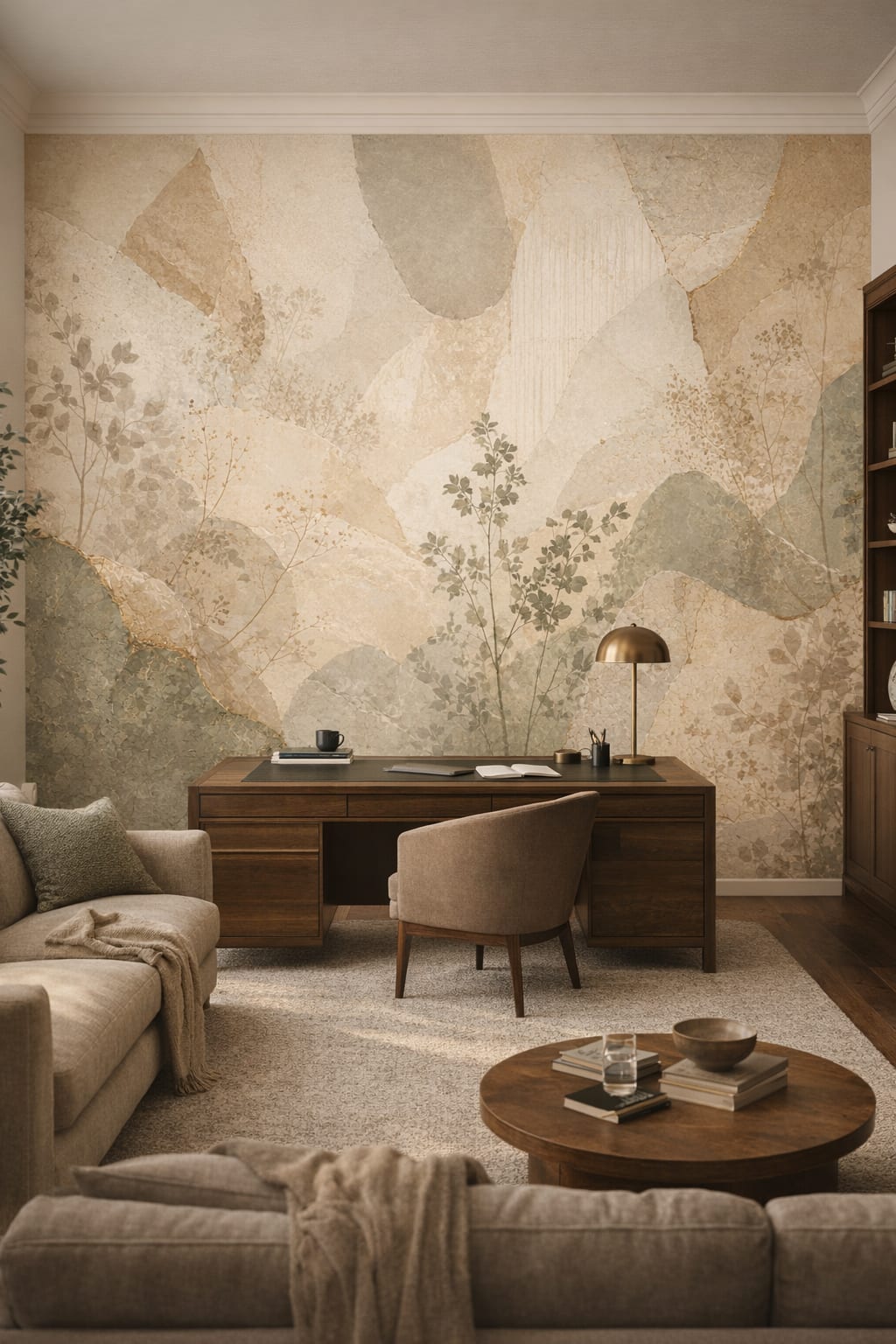 Greige Quiet Luxury abstract botanical featuring botanical sprigs - Wall Mural Peel and Stick Wallpaper for Quiet Luxury Executive Home Office.