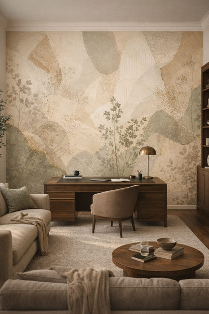 Greige Quiet Luxury abstract botanical featuring botanical sprigs - Wall Mural Peel and Stick Wallpaper for Quiet Luxury Executive Home Office.